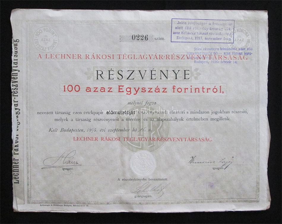 Lechner Rákosi Téglagyár részvény 100 forint 1895
